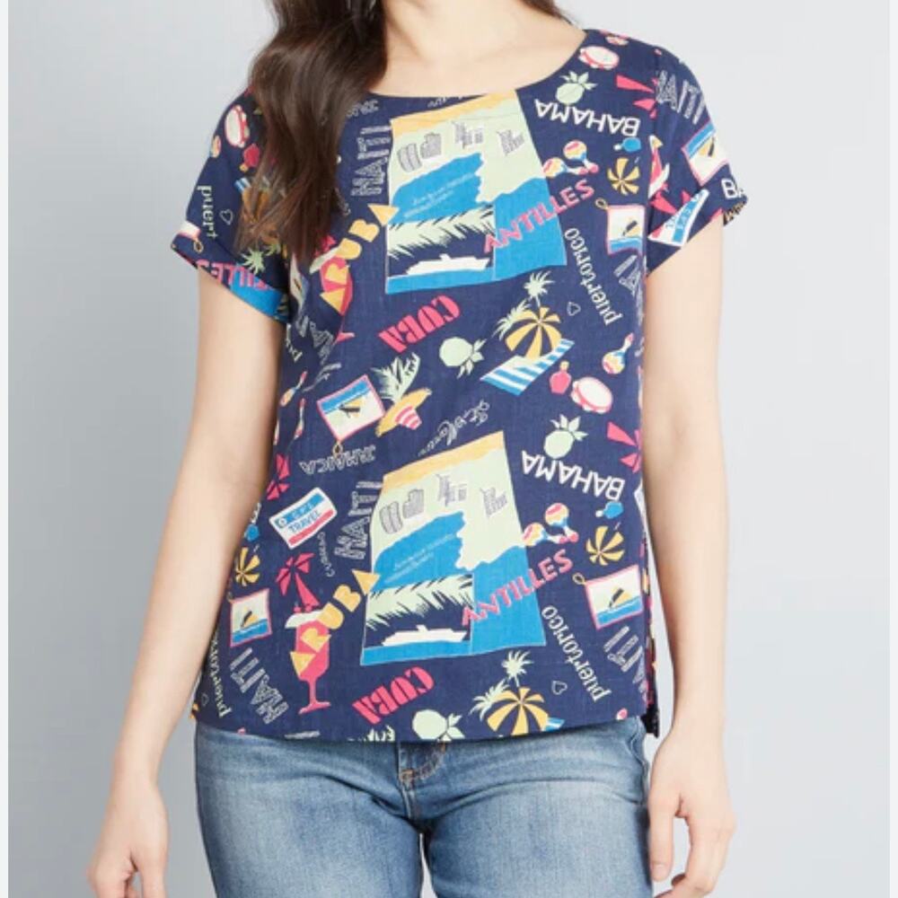Mod Cloth Women's Delightful Demeanor Travel Print Top XXS Navy Blue Linen Blend